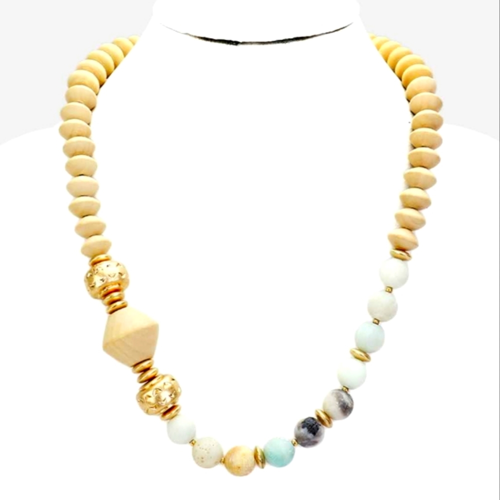 Semi Precious Stone & Wood Bead Statement Necklace